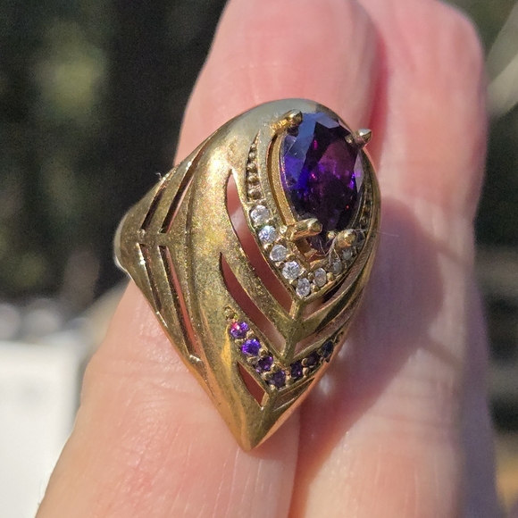 Amethyst & Topaz Sterling Gold & Bronze Feather Cocktail ring 7.75 - Picture 4 of 9